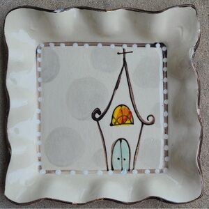 Charming Cream hand made Plate with Whimsical church Design